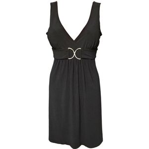Vintage Y2K Taboo Black Mini Dress L Rhinestone Belt Sleeveless Deep V Party